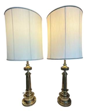 Stiffel Solid Brass Table Lamps With Original Shades 1950s - A Pair