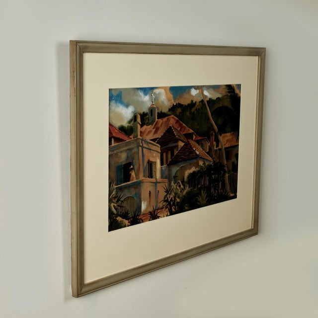 Transporting tropical watercolor painting on paper with buildings, mountains, sunny sky and a lone figure, executed with...