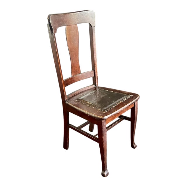 Antique Nc Chair-Leather Seat-Shaker Style-Primitive Accent Chair-Farm-Wood-Desk For Sale