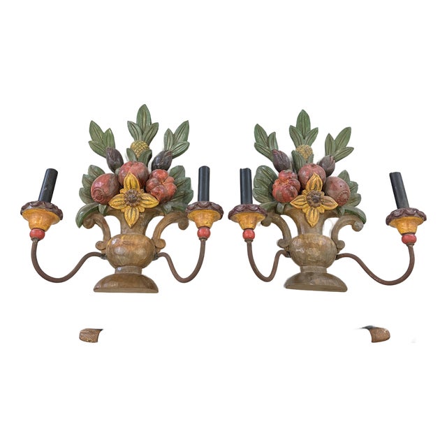 Pair of Carved Wood Fruit Basket Wall Sconces For Sale