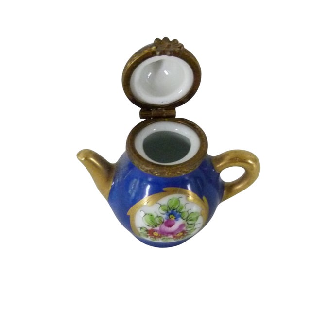 Ceramic Limoges France Miniature Teapot Trinket Box | Peint Main | Cobalt Blue & Gold Porcelain | Signed For Sale - Image 7 of 10