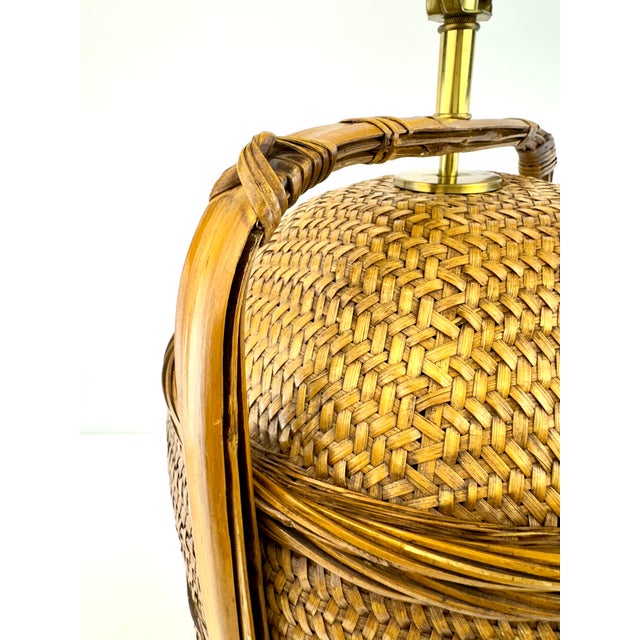 1960s Mid-Century Modern Woven Rattan Basket Table Lamp With Brass Hardware For Sale - Image 12 of 14