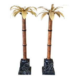Raymond Waites for Tyndale Palm Leaf Faux Bamboo Torchiere Table Lamps-Pair