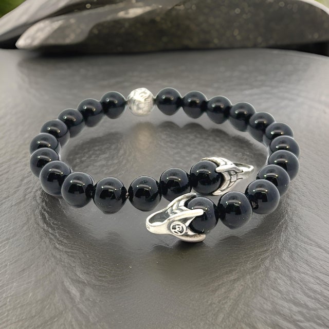 1990s David Yurman Onyx Carved Prayer Beads Bracelet 8.5" Silver Estate For Sale - Image 12 of 12