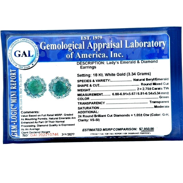 Metal Natural Emerald Diamond Earrings 18k White Gold 3.8 TCW Certified For Sale - Image 7 of 10