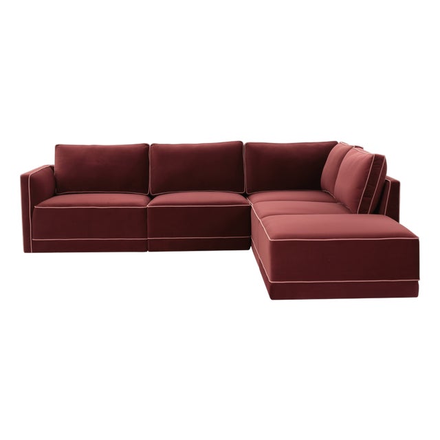 Willow Berry Red with Mauve Piping Modular 5-Piece Performance Velvet RAF Sectional For Sale