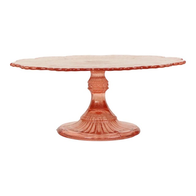 Beautiful large vintage pink colored cake stand, rosaline cake stand, or platter with a floral and diamond pattern,...