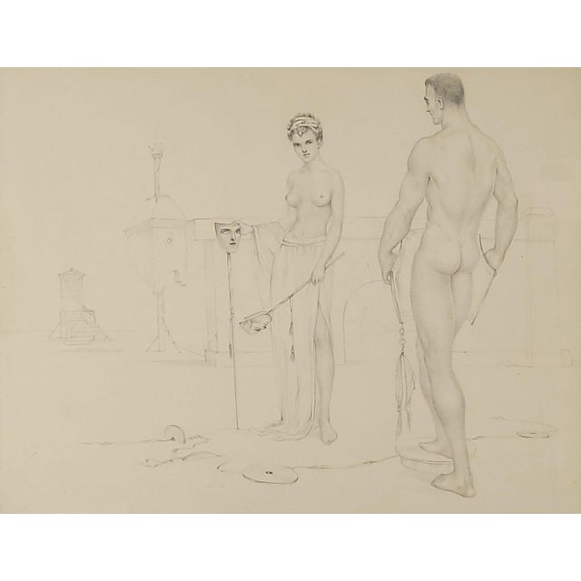 A pencil drawing of a man and woman, circa 1950s. Signed John Lear.