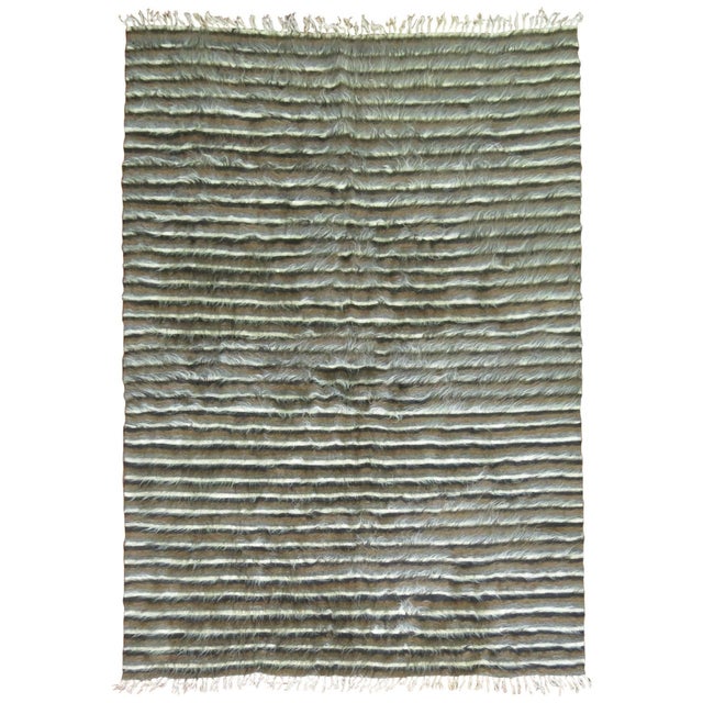 Vintage Mohair rug with a striped design in brown, black, gray.