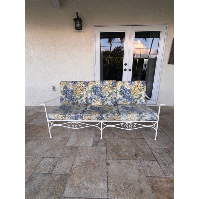 1970s Palm Beach Regency Wrought Iron Patio Set - Sofa and 2 Arm Chairs For Sale - Image 14 of 17