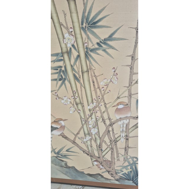 Vintage Four-Panel Painted Silk Screen "Sparrows in Bamboo" ~Signed For Sale - Image 4 of 6