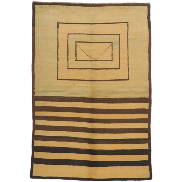 73289 Vintage Turkish Rug, 05'03 x 07'11. In this captivating hand-knotted wool vintage Turkish rug, the sleek lines of...