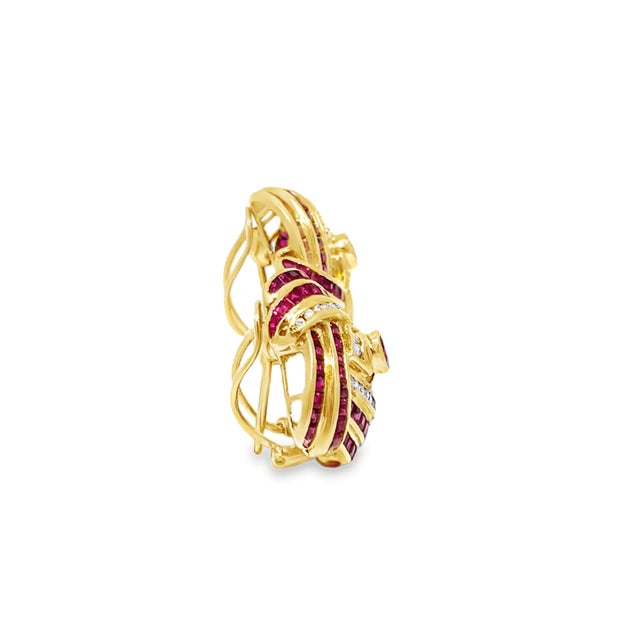 Red 18k Yellow Gold 4cts Rubies & 0.60cts Diamonds Studded Ribbon Wave Earrings, A Pair For Sale - Image 8 of 11
