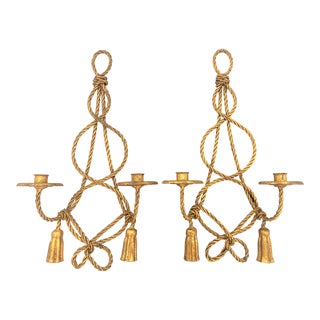 Vintage Italian Gilt Rope and Tassel Wall Sconces - a Pair For Sale