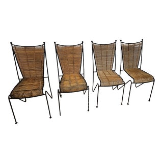 1960s Mid Century Modern Pipsan Saarinen Swanson Wrought Iron + Rattan Chairs- Set of 4 For Sale