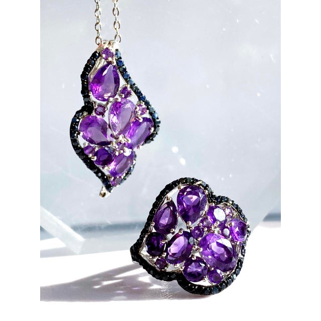 Amethyst Amethyst & Black Sapphire Statement Necklace and Ring Set in Sterling Silver | Italian Roma Chain | Art Deco–Inspired Elegance For Sale - Image 8 of 10