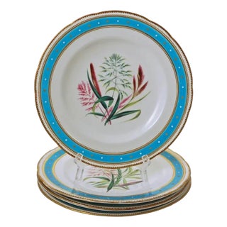 19th Century Minton Botanical Plates Jeweled Porcelain Turquoise Enamel - Set of 4 For Sale