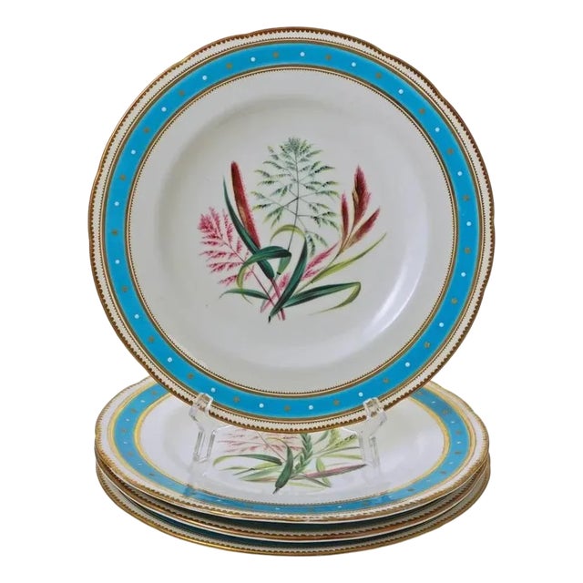 19th Century Minton Botanical Plates Jeweled Porcelain Turquoise Enamel - Set of 4 For Sale
