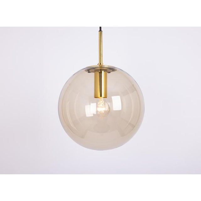Glass Large Vintage Brass with Smoked Glass Ball Pendant Light from Limburg, Germany, 1970s For Sale - Image 7 of 9