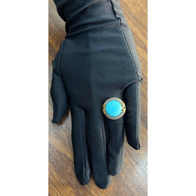 Round Blue Teal Turquoise Diamonds Halo Pave Set 14k Yellow Gold Cocktail Ring, Size 6 For Sale - Image 10 of 12