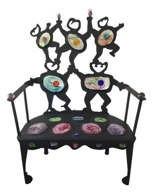 D & K Smith Modern Iron Settee with Inset Art Glass