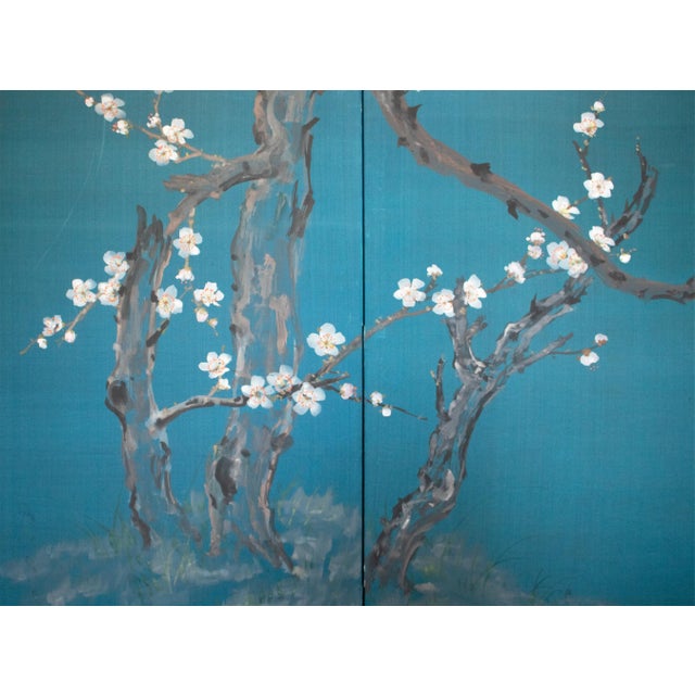 1970s C. 1970s Japanese Style Silk Screen "Blossoming Cherry Tree" For Sale - Image 5 of 18