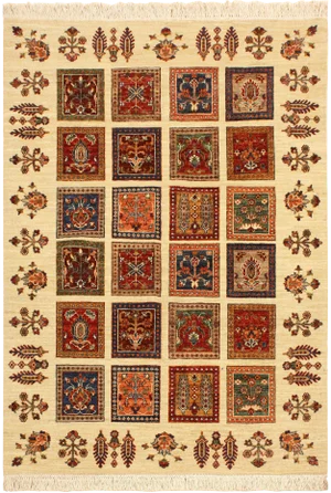 1990s Shabby Chic Tribal Khurgeen Ivory Wool Rug -4′3″ × 6′3″