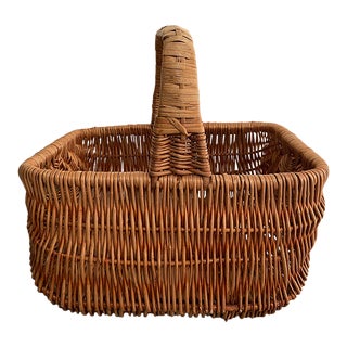 Vintage French Hand Woven Wicker Gathering Basket For Sale
