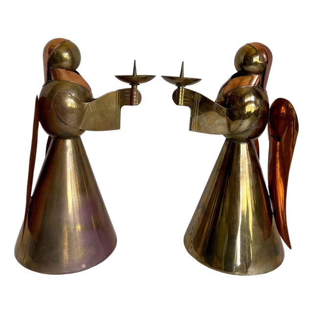 Pair of Mid-Century Brass & Copper Angel Candleholders For Sale