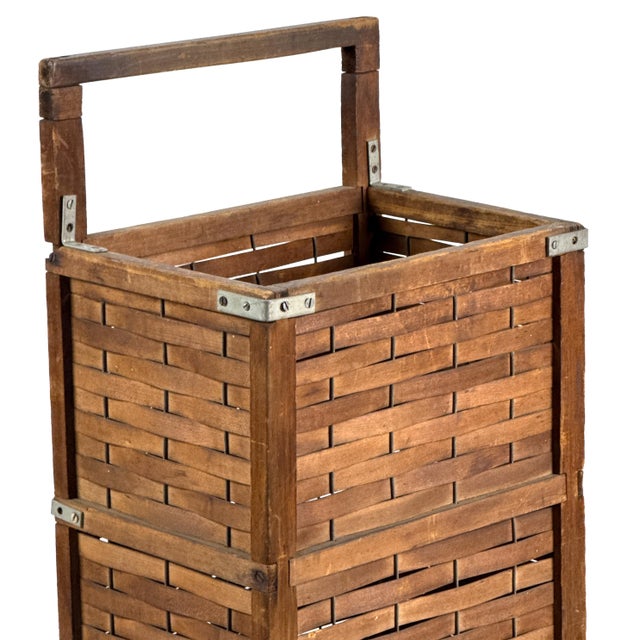 Antique 1910s Woven Splint Wood Rolling Cart Utility Basket / Wheeled Shopping Trolley For Sale - Image 11 of 18