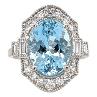 4.3ct Aquamarine Ring With Earth Mined Diamonds: Solid 14k Gold, Oval 12x9mm For Sale