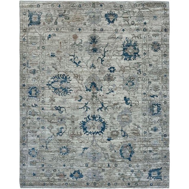 Art Deco Oushak Handmade Wool Rug in Cream and Light Blue For Sale - Image 3 of 11