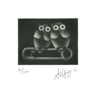 Owls on Brooch - Original Etching on Paper by Mario Avati - 1970s 1970s For Sale