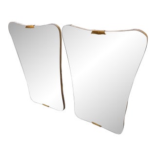 Two 1950s Gio Ponti Style Mid-Century Modern Wood and Brass Wall Mirrors For Sale