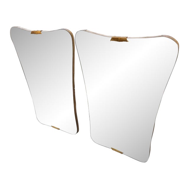 Two 1950s Gio Ponti Style Mid-Century Modern Wood and Brass Wall Mirrors For Sale