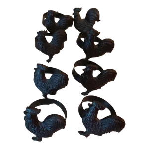 Vintage Heavy Cast Iron Black Molded Farmhouse Rooster Napkin Rings - Set of 8