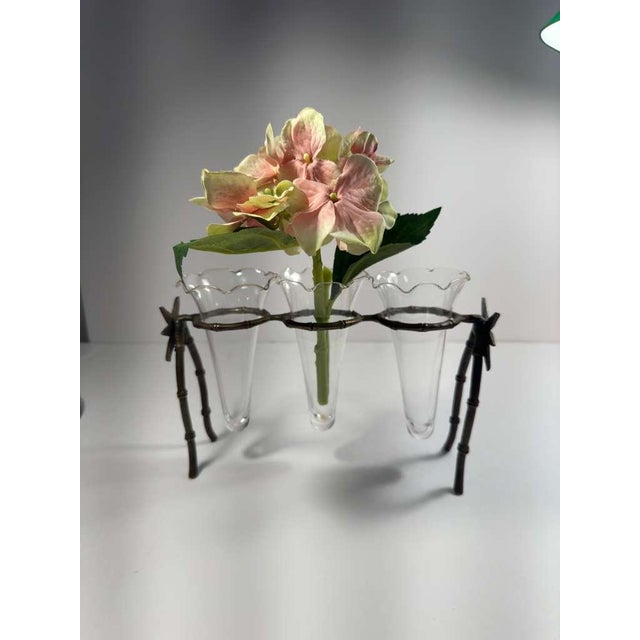 Vintage Glass Bud Vase Trio With Brass Bamboo Stand, French Style Test Tube Vases, Sculptural Floral Holder, Petite Flower Arrangement For Sale - Image 4 of 10