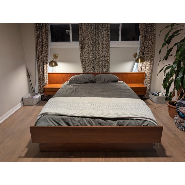 Danish Teak Platform MCM Queen bed with floating nightstands. One nightstand has some surface damage