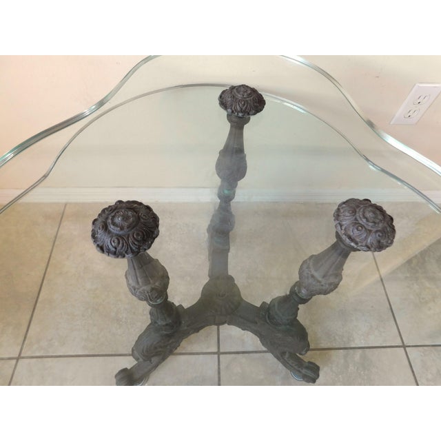 Antique Ornate Clover Shaped Cast Iron & Thick Glass Side/End Accent Table For Sale - Image 10 of 13