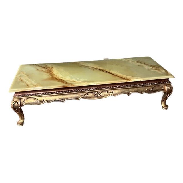Vintage Hollywood Regency Round Onyx-Top Coffee Table | Gilt Carved Base | Mid-Century For Sale
