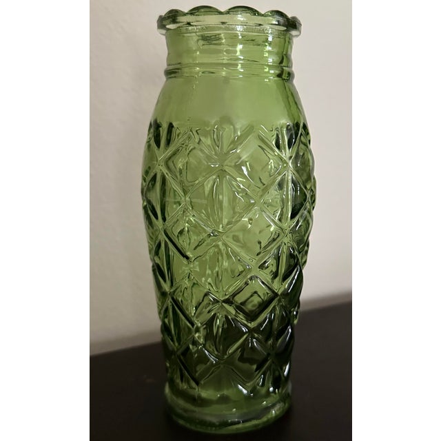 Avocado Vintage 1960s Century Small Avocado Green Pressed Glass Vase For Sale - Image 8 of 12