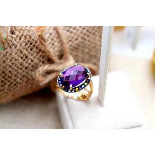 Metal Gold Ring with Polished Tanzanites and Double Band For Sale - Image 7 of 7
