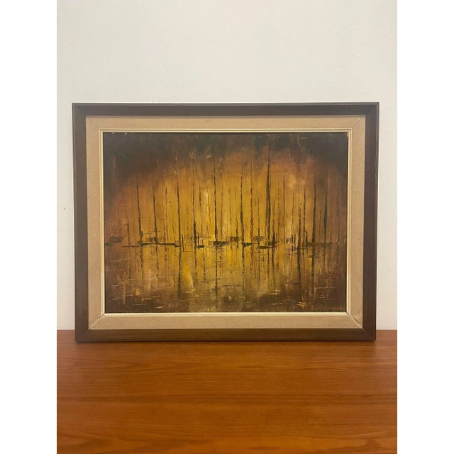 Abstract Mid Century Modern Painting within a Wooden Frame. Possibly Acrylic on Canvas. Primary Color is Mustard, Accents...