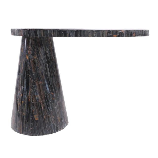 Unique Item! This exquisite table is handcrafted with Blue Tiger Eye Semiprecious Stone, meticulously inlaid on a marble...