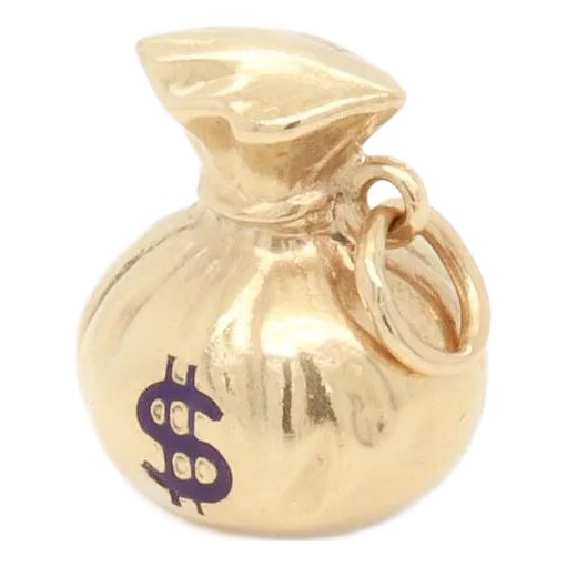 Mid-Century 14k Gold & Enamel Money Bag Charm for a Bracelet For Sale