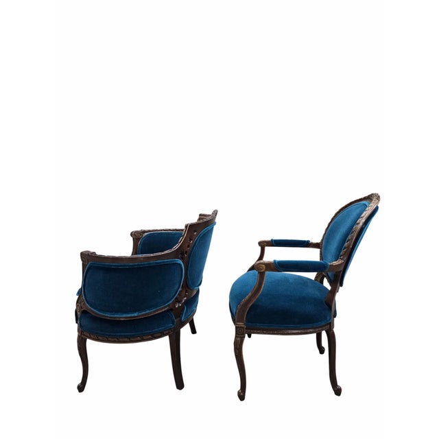 Antique French Louis XV and Louis XVI Style Armchairs Newly Upholstered – Set of 2 For Sale - Image 4 of 12