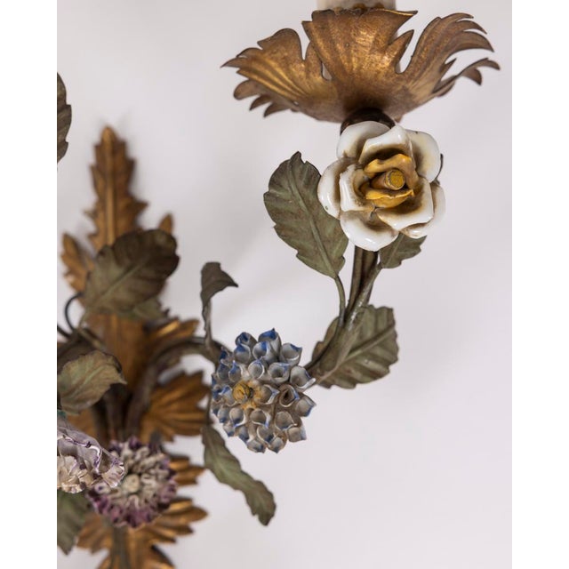 Metal Vintage Italian Floral Wall Lamps in Iron and Porcelain, 1950s, Set of 3 For Sale - Image 7 of 16