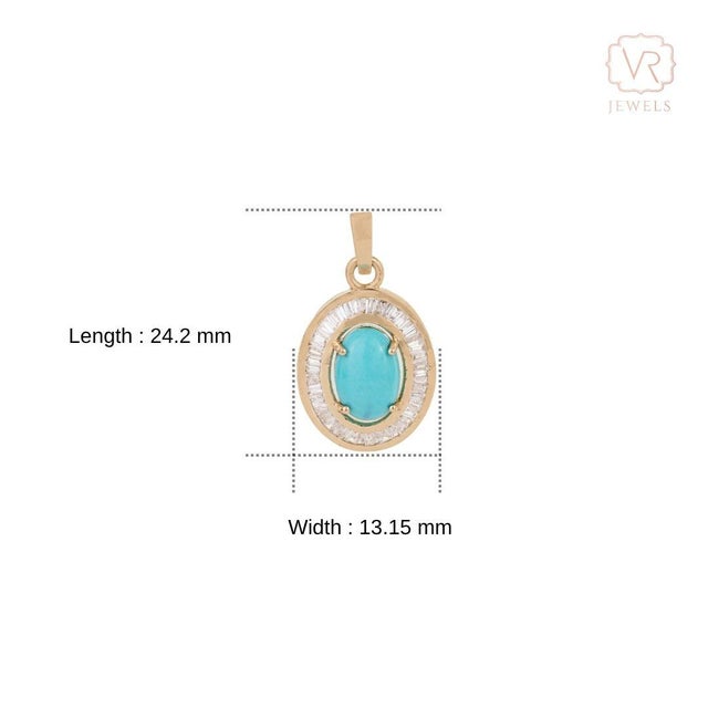 Art Deco 1.43ct Turquoise & Baguette Diamond Halo Pendant in 14k Gold For Sale - Image 11 of 14