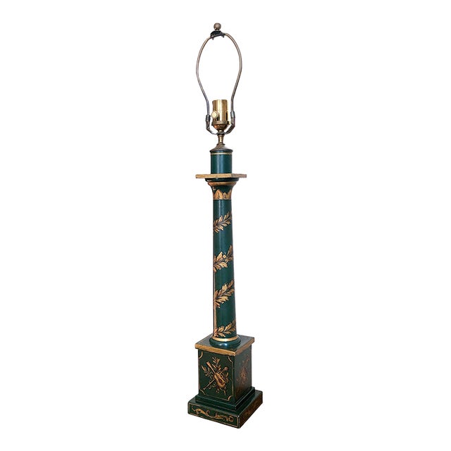 Neoclassical Column Hand-Painted Tole Table Lamp Green and Gold For Sale