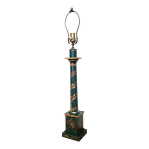 Neoclassical Column Hand-Painted Tole Table Lamp Green and Gold